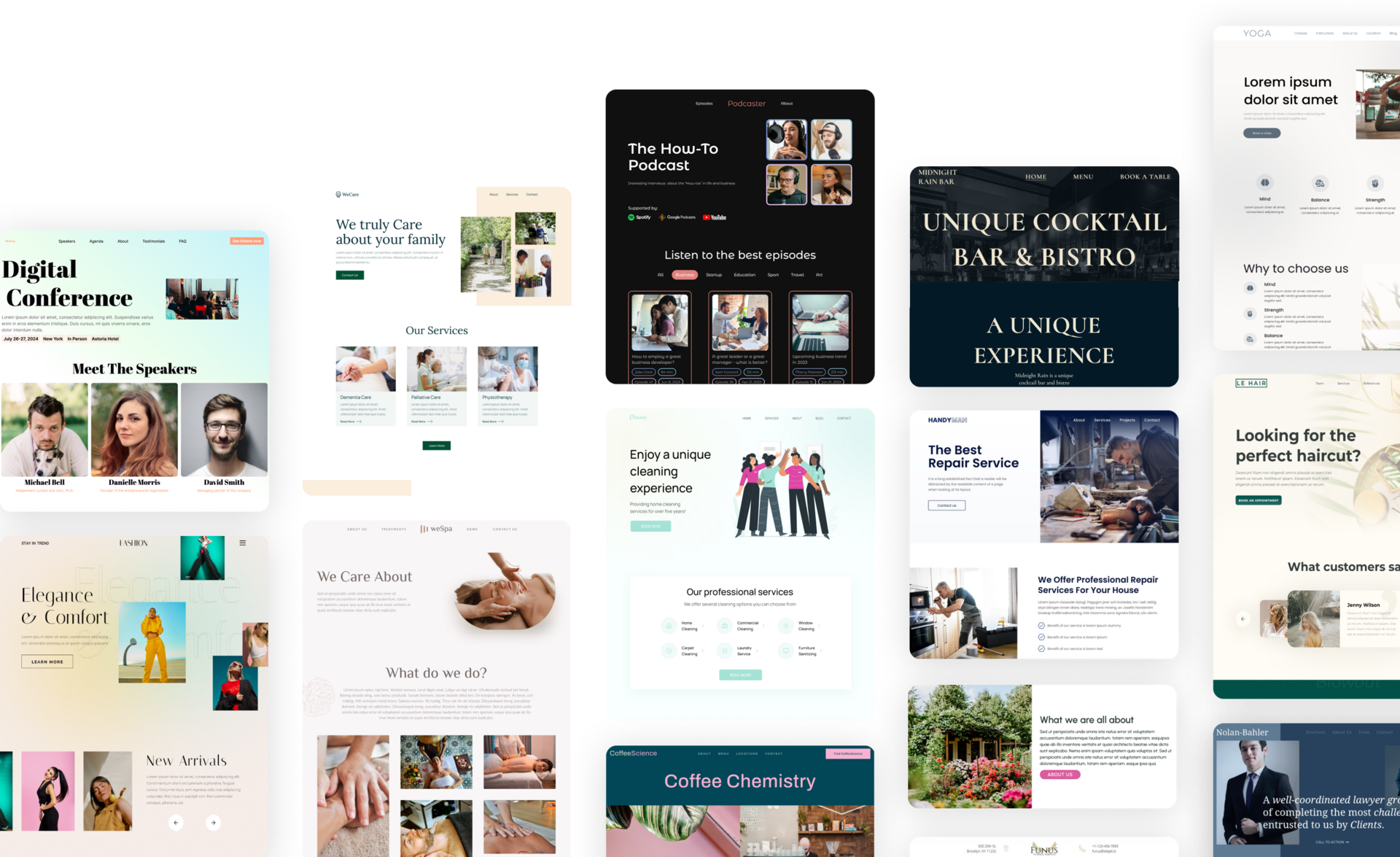 A collage showing several available themes for the SiteJet software.